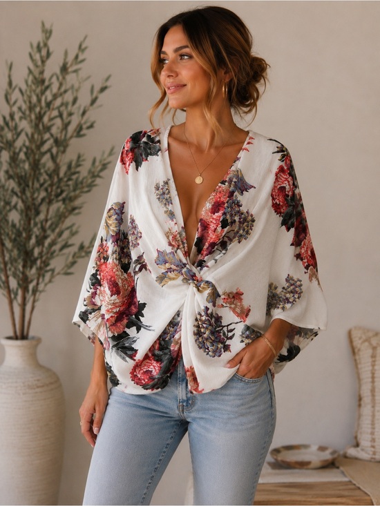 Umgee Tops - Umgee Floral Tie-Front Women’s Top - White with Red & Purple Blooms